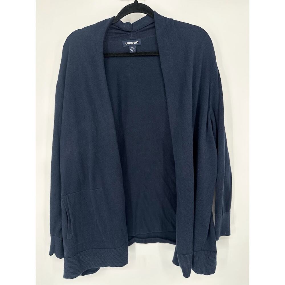 Lands End Cardigan Sweater Women Size 2X Office Navy Blue Cotton Winter Preppy